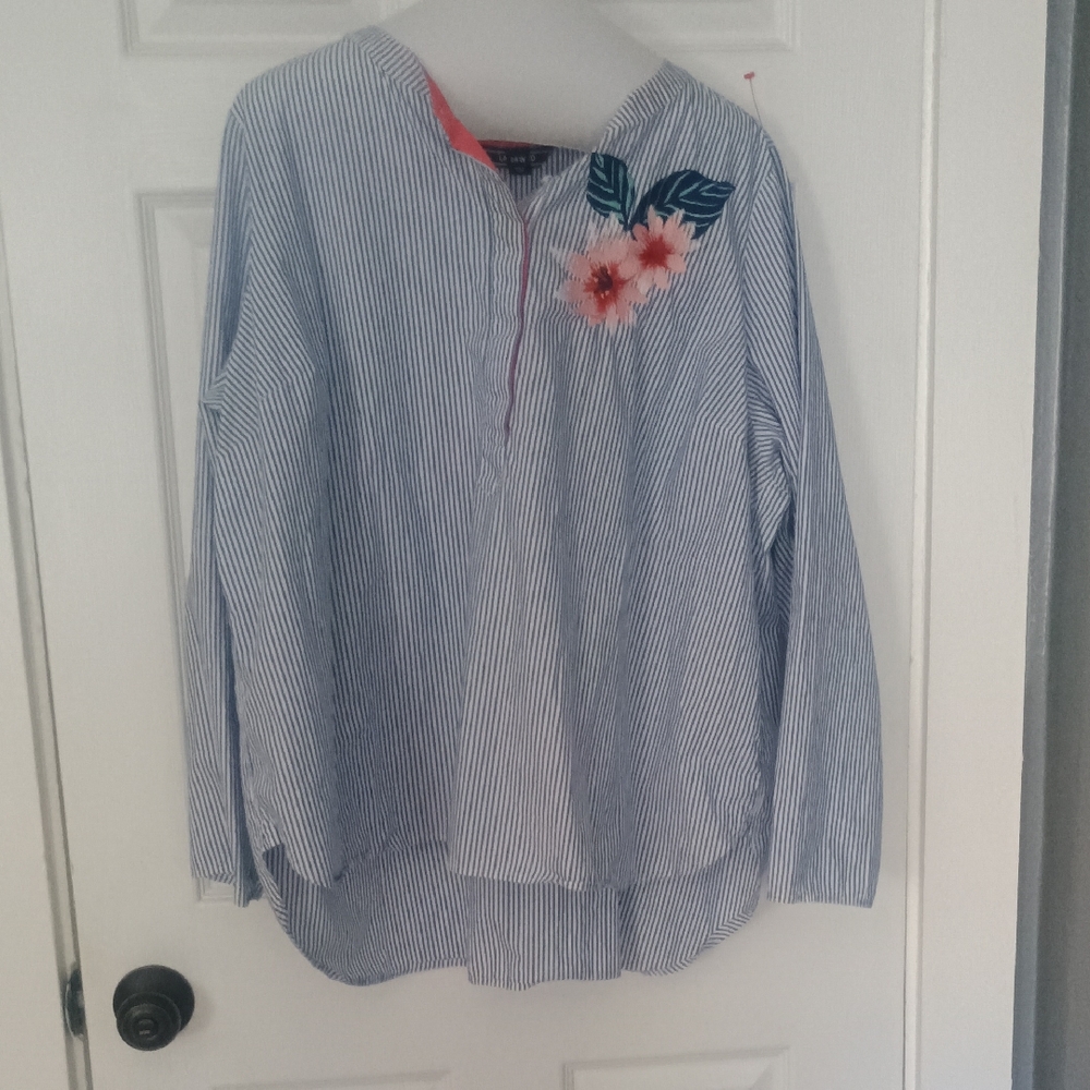 Lands' End Blue Striped Plus Size Women's Tunic with Floral Accent 24w